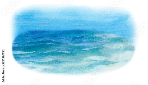 Watercolor sea landscape background. Isolated blue ocean water banner. For summer vacation banners, travel agency posters, and cruise invitations.