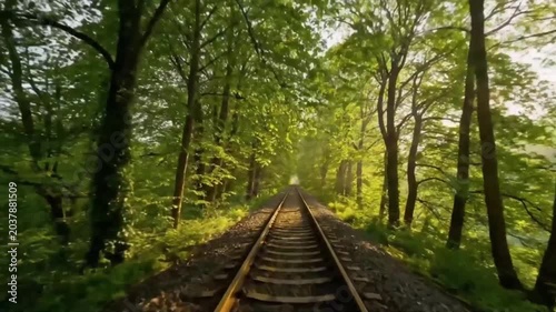 Train tracks running through a lush green forest in sunlight  vr 360