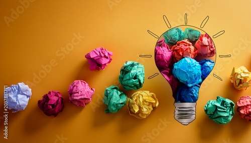 creative concept with light bulb and crumpled colorful paper balls