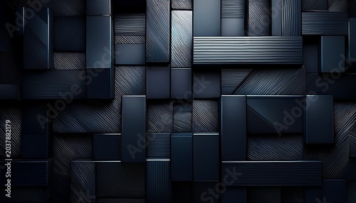 dark geometric blocks with textured surfaces create modern abstract pattern featuring overlapping rectangles and subtle lighting