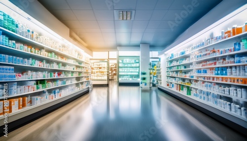 pharmacy drugstore interior with blurred shelves of medication and healthcare products