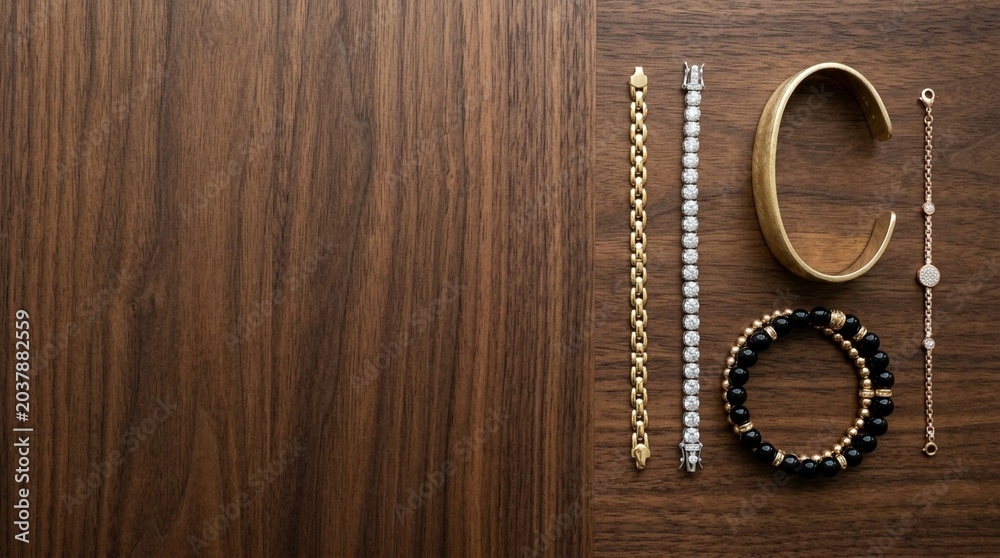 Fototapeta premium Assortment of luxury bracelets laid out on a dark wooden surface