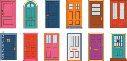 Set of modern doors featuring various styles colors and designs for residential building architecture home exterior entrance.