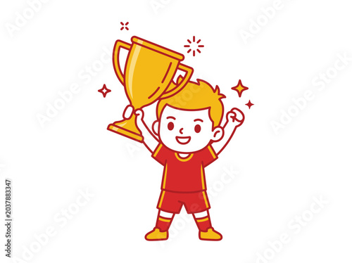 Happy boy holding up a golden trophy cup  celebrating victory
