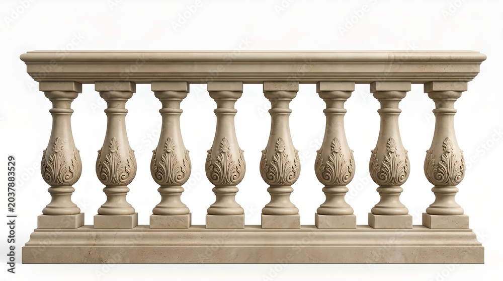 Fototapeta premium Ornate Stone Balustrade with Decorative Balusters Isolated on White Background, Classical Architectural Railing