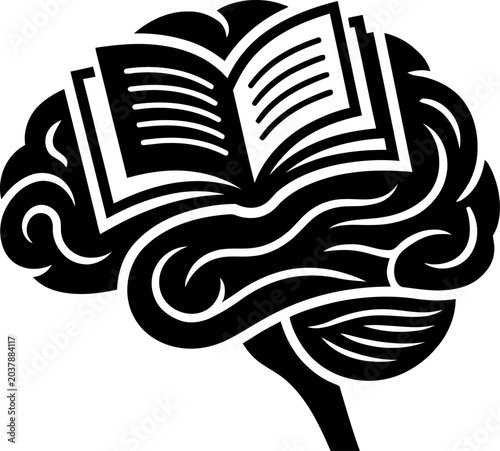Canvastavla Brain with open book vector illustration knowledge acquisition black and white k