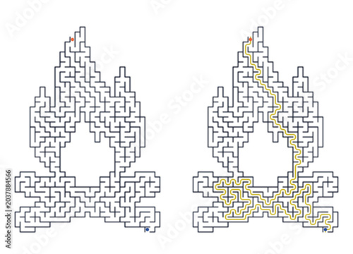 Maze challenge with answers featuring bonfire design and path  