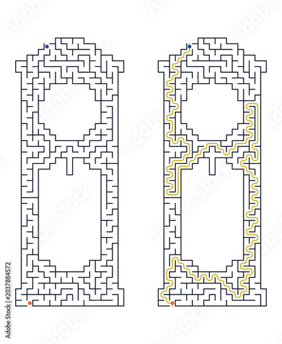 Complex maze path design in black and white illustration  