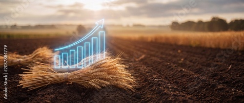 Upward financial graph glowing over a ripe wheat bundle on soil at sunset indicating farm prosperity