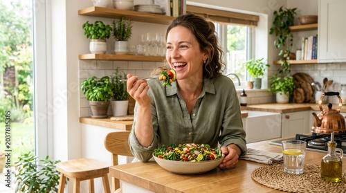 Woman Enjoying Healthy Salad Lunch at Bright Home Kitchen