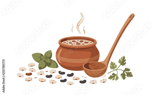 A rustic pot of hearty bean soup, surrounded by fresh beans and herbs, with a wooden ladle ready to serve.
