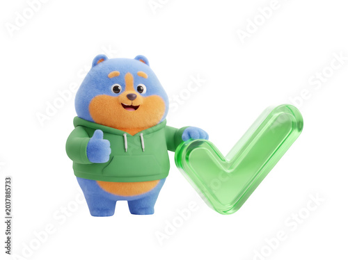 Colorful bear character, green hoodie, thumbs up, green checkmark, friendly cartoon illustration isolated on Transparent Background