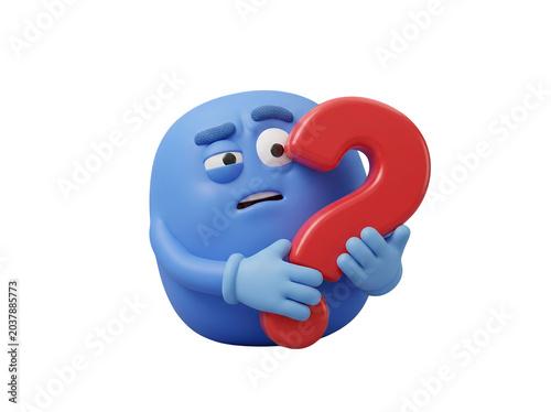 Confused blue character, question mark, puzzled emoticon, 3D illustration isolated on Transparent Background