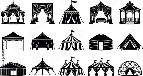 Foto Outdoor Event Pavilions Marquees and Camping Tents Solid Silhouette Icon Set fea