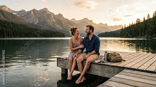 Couple laughing on a wooden dock by a calm mountain lake, surrou