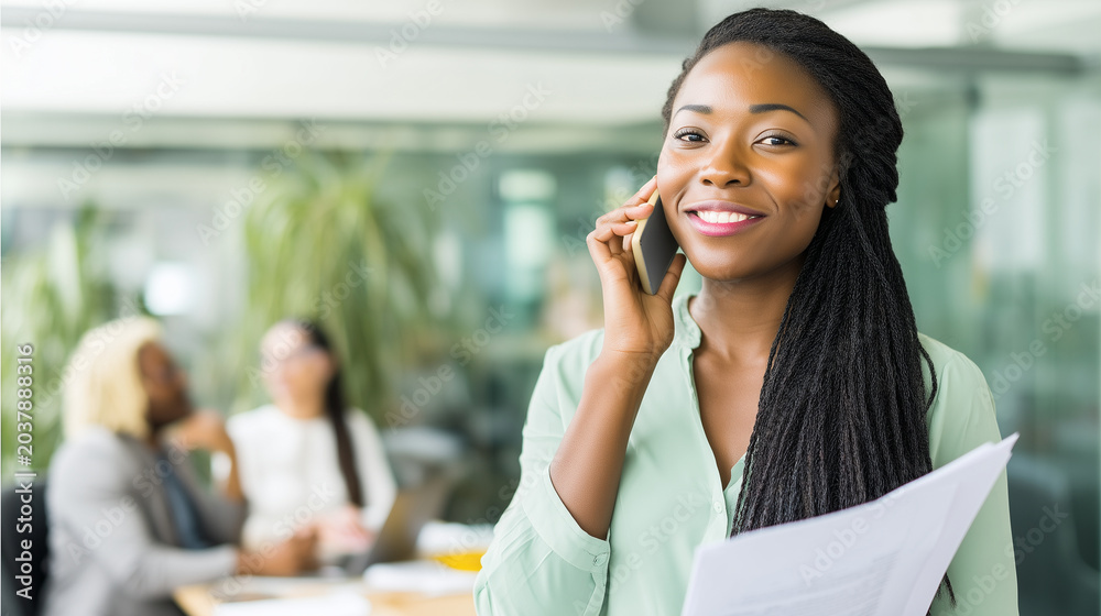 Fototapeta premium Businesswoman speaking on the phone in a modern office, smiling professional holding documents, blurred colleagues in background, bright corporate workspace, with copy space