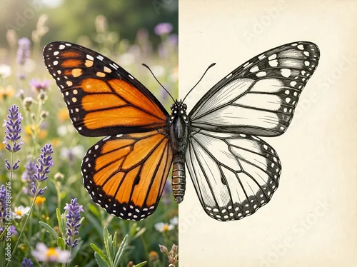 Obraz Monarch butterfly half photo half sketch nature illustration
