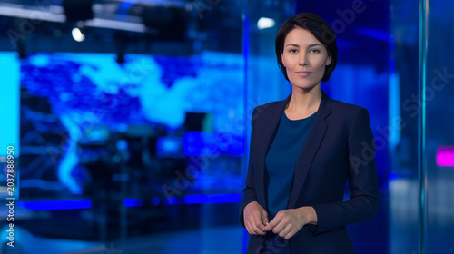 Professional female TV presenter in a blue-lit newsroom studio, live news broadcast atmosphere, digital screens and studio lights, realistic editorial media photography A female jo