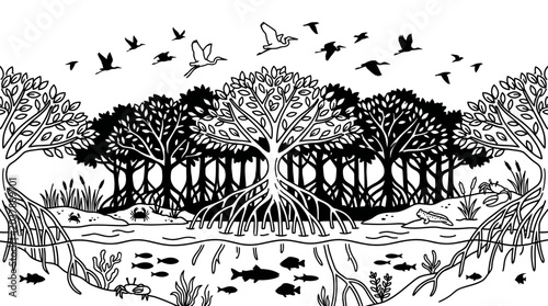 Εκτύπωση καμβά Mangrove forest ecosystem illustration with roots and birds.