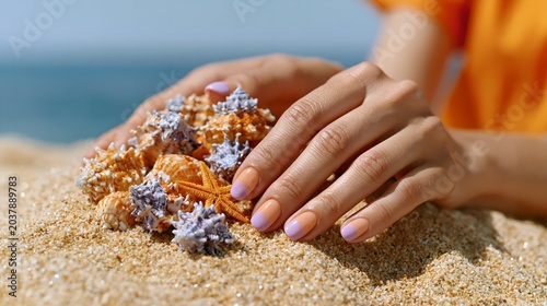 Woman's hands rest on sandy beach with seashells.