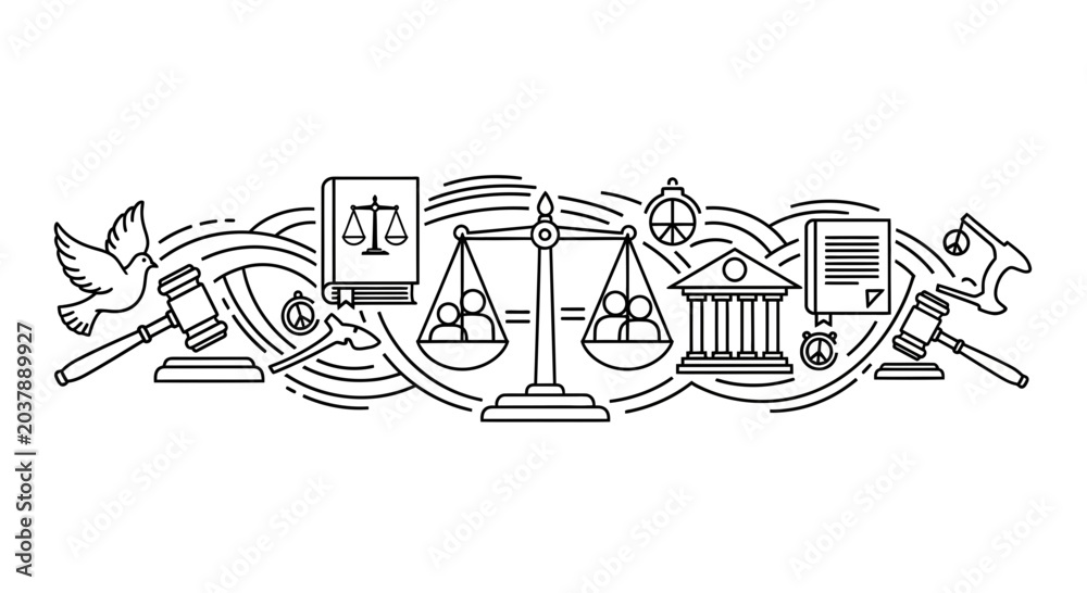 Naklejka premium Legal justice system icons in linear sketch style.