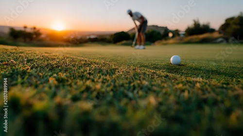 Golf player stands ready on sunlit green.