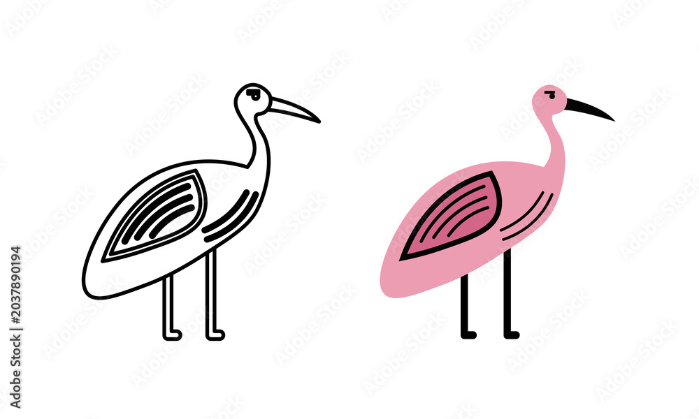 Fototapeta premium Flat Outline and Colored Crane Bird Icon