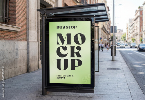 Vertical bus stop billboard mockup at a city shelter on a sidewalk street with historic buildings background