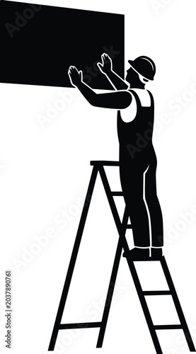 Silhouette of construction worker on stepladder installing rectangular panel, handyman technician builder repairing wall, isolated vector graphic illustration