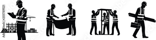 Fotografía Silhouette set of construction engineers and workers, industrial site contractor