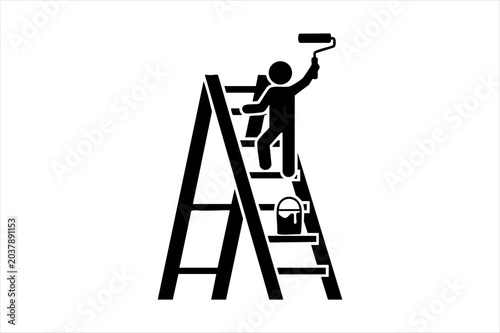 Painter working on stepladder silhouette icon illustration with painting construction renovation improvement