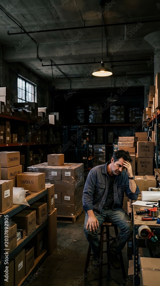 Obraz premium Man sitting in a dimly lit warehouse with boxes stacked high.