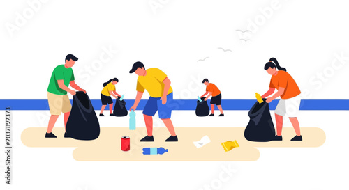Konstfotografi Volunteers cleaning beach, collecting trash in garbage bags, environmental prote