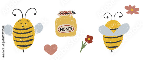 Cute Hand Drawn Crayon Bees and Honey Jar Clipart Set. Whimsical Rustic Cottagecore Summer Chalk Texture Happy Bumblebee Elements Collection. Kids Naive Vector Illustration Isolated