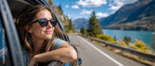 Smiling woman looking out of a car window on a scenic road trip. Female traveler enjoying the view of a turquoise lake and mountains. Summer vacation and travel concept