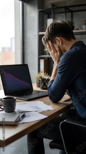 Man in office overwhelmed by work, head in hands, laptop and coffee on desk.