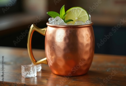 Copper Mug Displaying Lariet Lime on Industrial Bar Counter Background