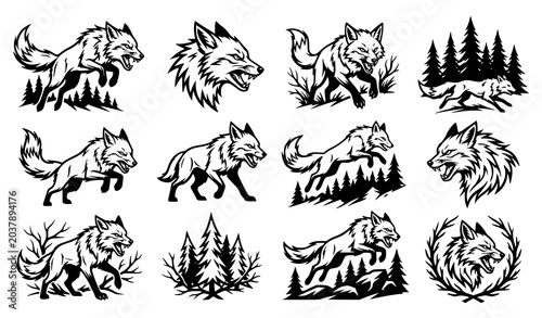 Photography Hand Drawn Wolf Illustration Collection with Forest Trees and Wild Animal Nature