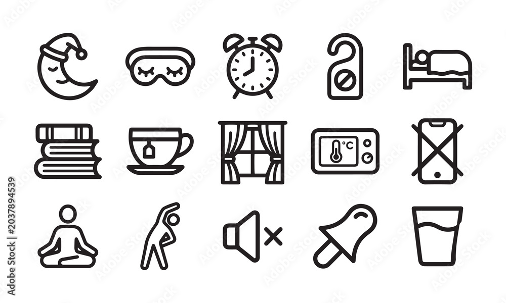 Fototapeta premium Set of sleep and wellness line icons for bedtime routine and healthy habits design.