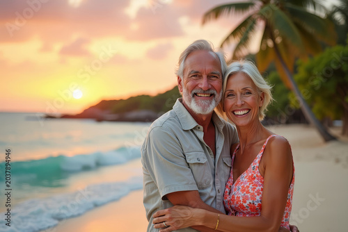 Happy senior couple embracing at sunset beach. Romantic retirement vacation. Love and togetherness by ocean. Tropical sunset romance. Elderly travel lifestyle