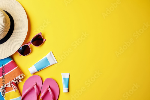 Summer vacation essentials on yellow background. Bright travel objects composition. Minimal holiday concept. Beach accessories flat layout. Tourism summer design