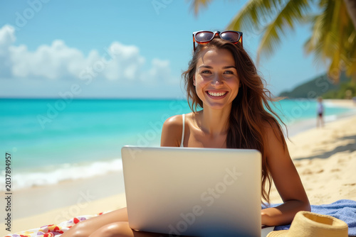 Remote work on tropical beach. Digital nomad lifestyle. Summer freelance freedom. Beach laptop work scene. Ocean view working woman