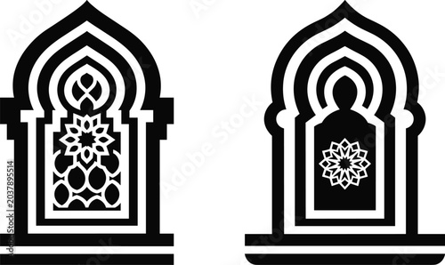 Photos Two Black and White Islamic Archway Designs with Geometric Inlays vector illustr
