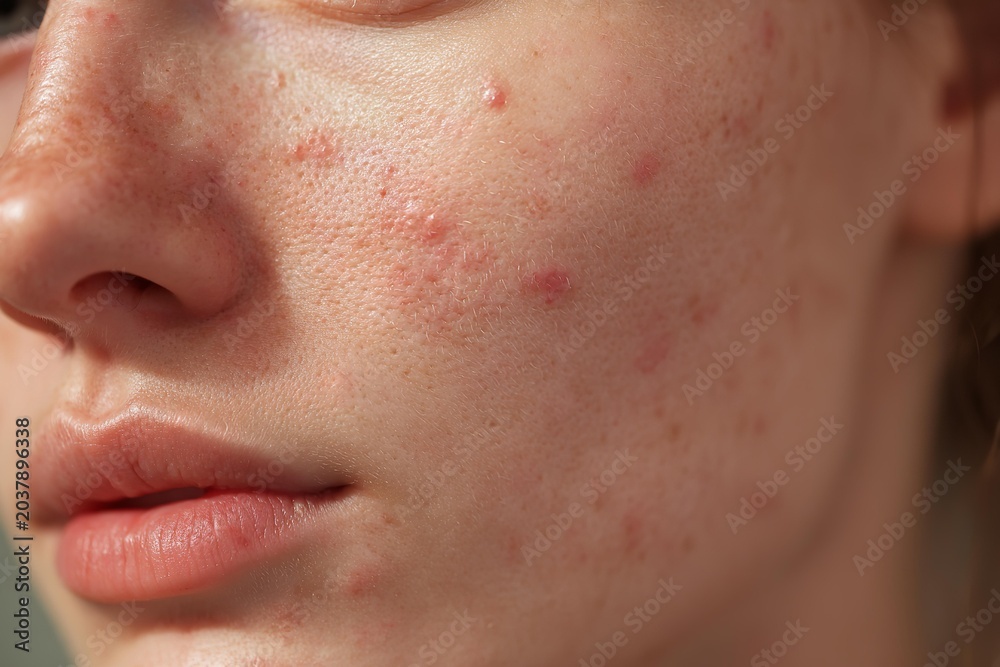Fototapeta premium A woman with acnes on her face. She has a serious look on her face.