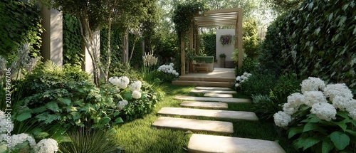 Lush greenery frames a serene garden path