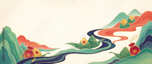 Dragon Boat Festival zongzi and sachet illustration background with traditional elements