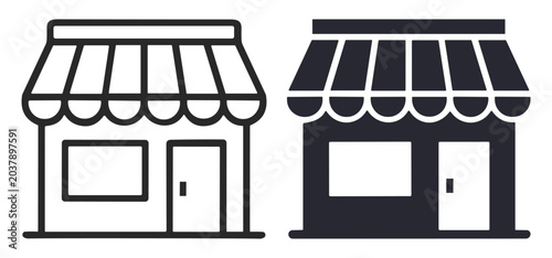 Quadro su tela Simple black and white storefront icons with canopy awnings representing small s