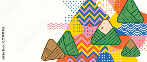 Vector illustration of zongzi for dragon boat festival with geometric background patterns