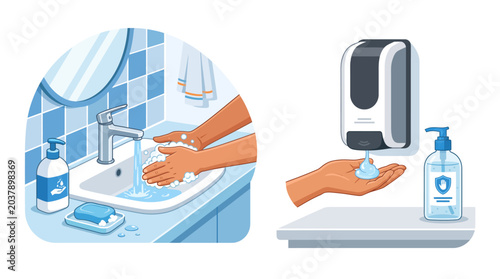 Foto Hands using soap dispenser hygiene.