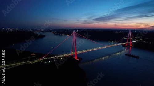 Yavuz Sultan Selim Bridge in Istanbul, Turkey. Aerial view at sunset with drone. Colorful bridge and weather.